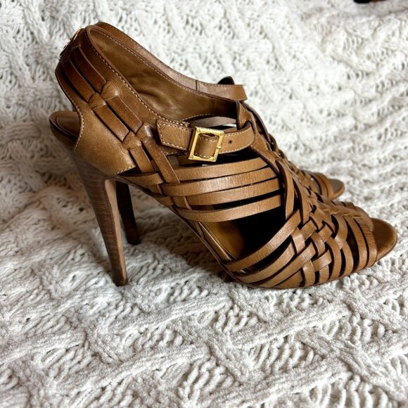 Tory Burch Nadia Huarache Sandals Women's 9 M Tan Leather Open Toe Heels‎ Logo - Picture 4 of 11